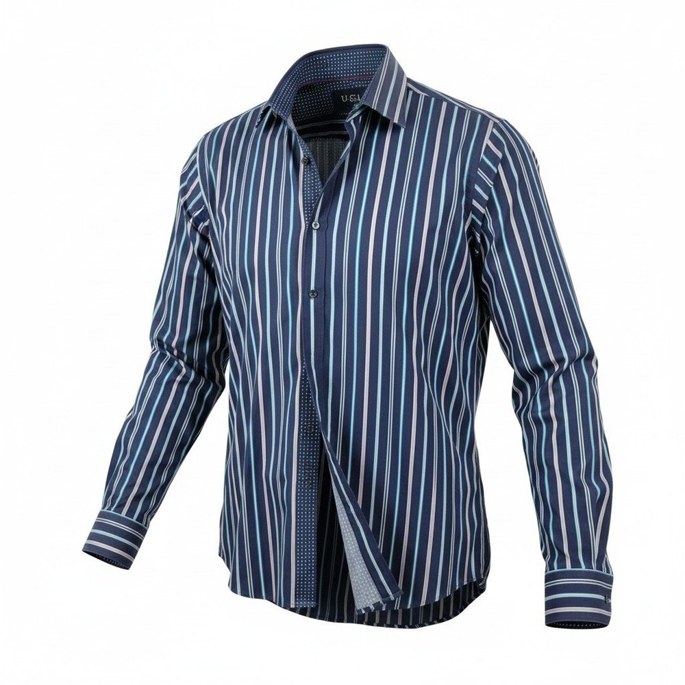 Bugatchi Uomo Button Down Mens Blue Striped Excellent Shaped Fit Long‎ Sleeve